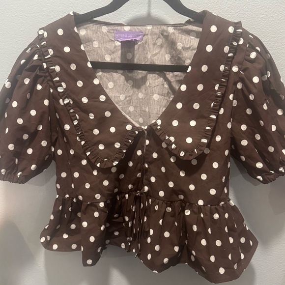 lotus & lavender Tops - Lotus & Lavender Brown Polka Dot Ruffle Blouse